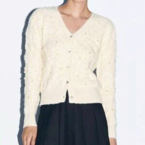 Zara Pearl Textured Knit Cardigan - Cream